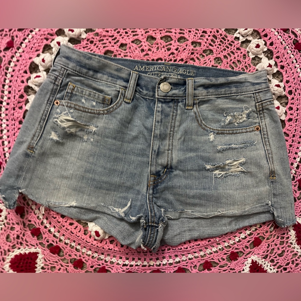 AE Distressed High Rise Denim Shorts